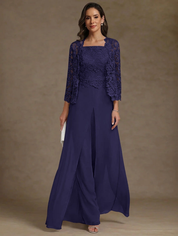 3 Pieces Square Collar Chiffon Mother of the Bride Pantsuits with Jacket Lace Ankle-Length with Overskirt Long Sleeves