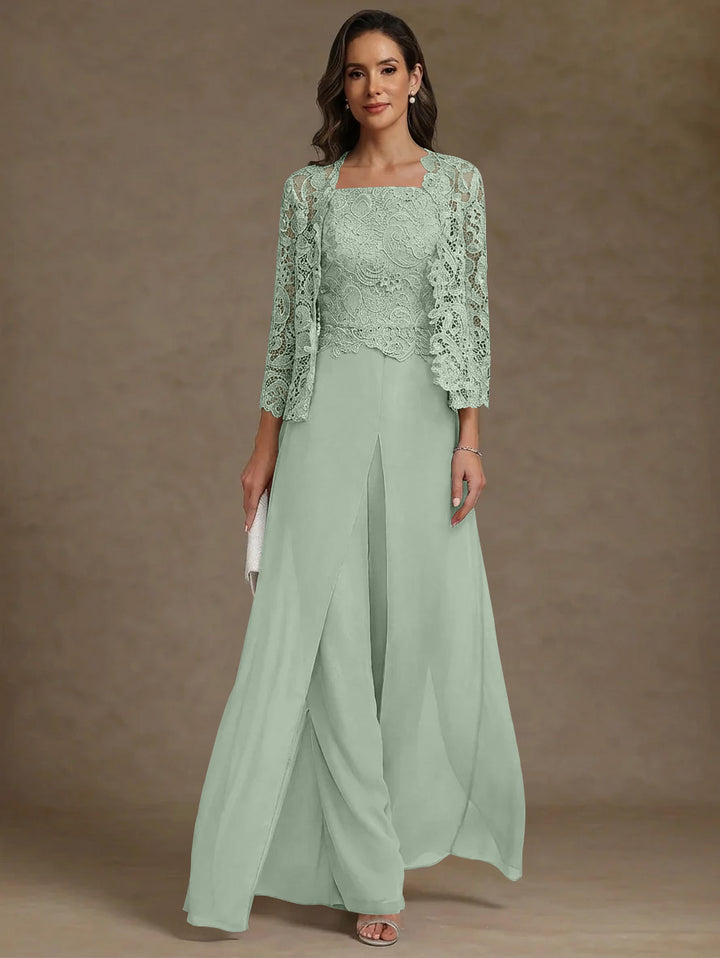 3 Pieces Square Collar Chiffon Mother of the Bride Pantsuits with Jacket Lace Ankle-Length with Overskirt Long Sleeves
