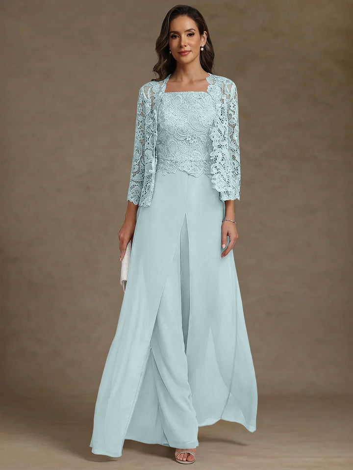 3 Pieces Square Collar Chiffon Mother of the Bride Pantsuits with Jacket Lace Ankle-Length with Overskirt Long Sleeves