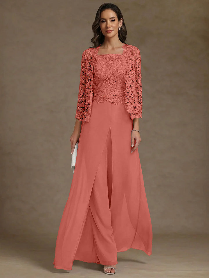 3 Pieces Square Collar Chiffon Mother of the Bride Pantsuits with Jacket Lace Ankle-Length with Overskirt Long Sleeves