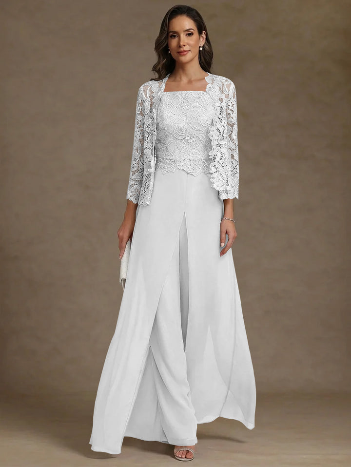 3 Pieces Square Collar Chiffon Mother of the Bride Pantsuits with Jacket Lace Ankle-Length with Overskirt Long Sleeves