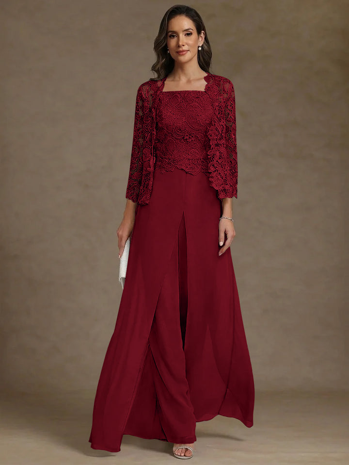 3 Pieces Square Collar Chiffon Mother of the Bride Pantsuits with Jacket Lace Ankle-Length with Overskirt Long Sleeves