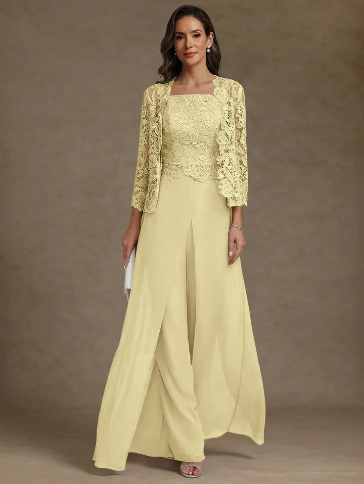 3 Pieces Square Collar Chiffon Mother of the Bride Pantsuits with Jacket Lace Ankle-Length with Overskirt Long Sleeves