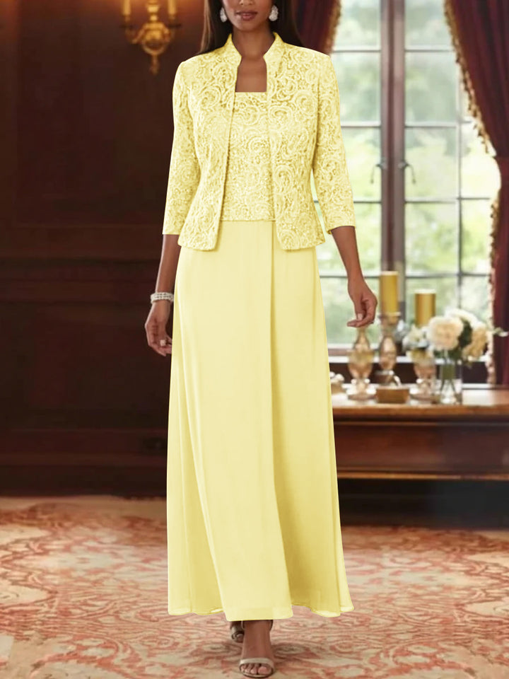 2 Pieces A-Line/Princess Square Collar Chiffon Mother of the Bride Dresses with Jacket Lace Ankle-Length 3/4 Sleeves