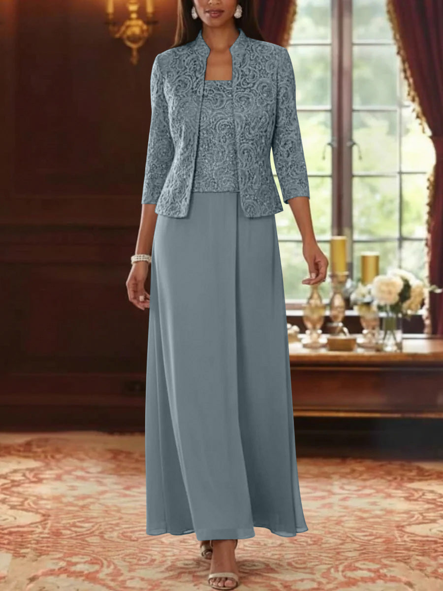 2 Pieces A-Line/Princess Square Collar Chiffon Mother of the Bride Dresses with Jacket Lace Ankle-Length 3/4 Sleeves