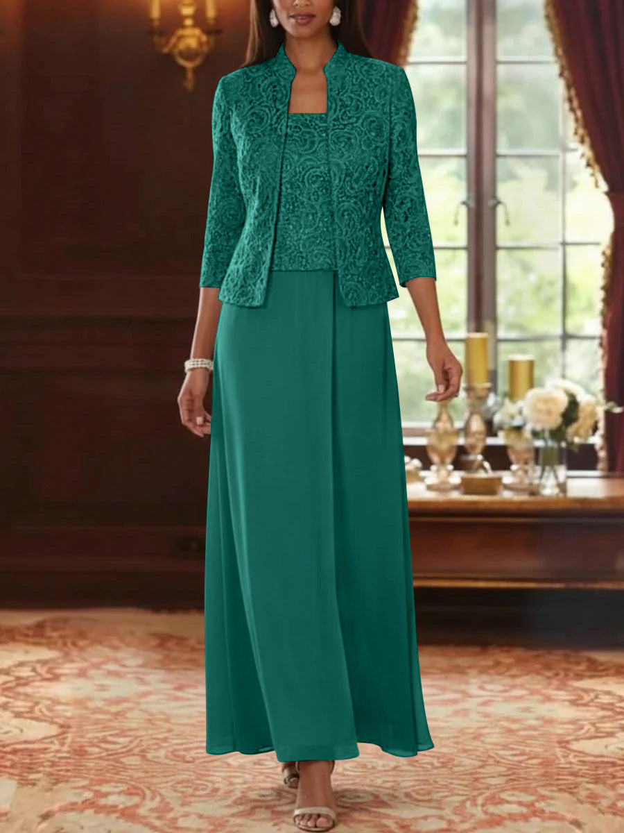 2 Pieces A-Line/Princess Square Collar Chiffon Mother of the Bride Dresses with Jacket Lace Ankle-Length 3/4 Sleeves