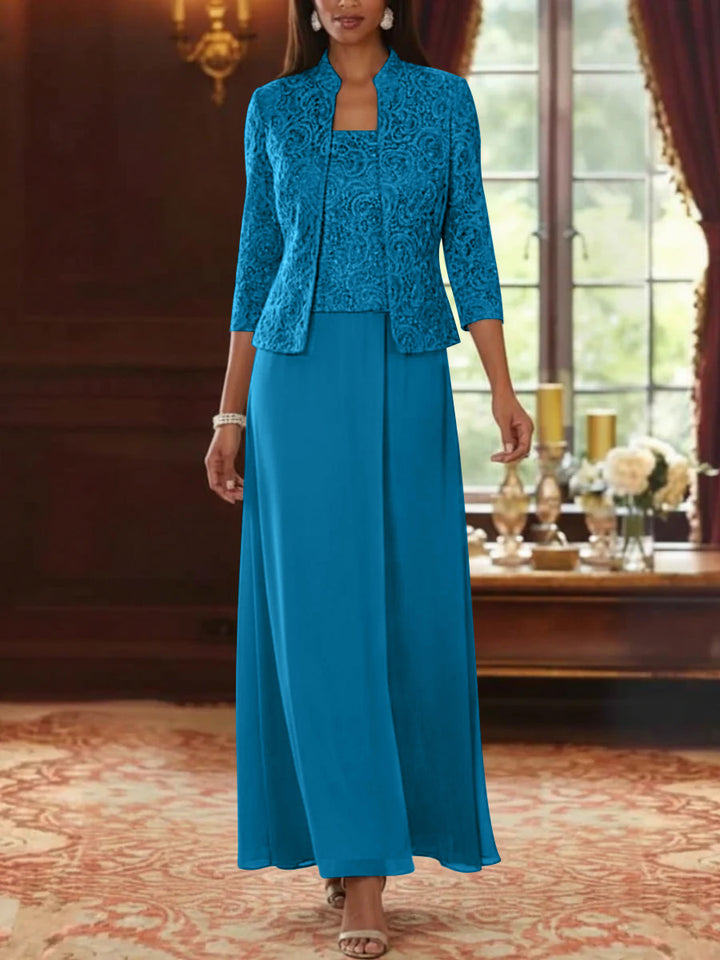 2 Pieces A-Line/Princess Square Collar Chiffon Mother of the Bride Dresses with Jacket Lace Ankle-Length 3/4 Sleeves