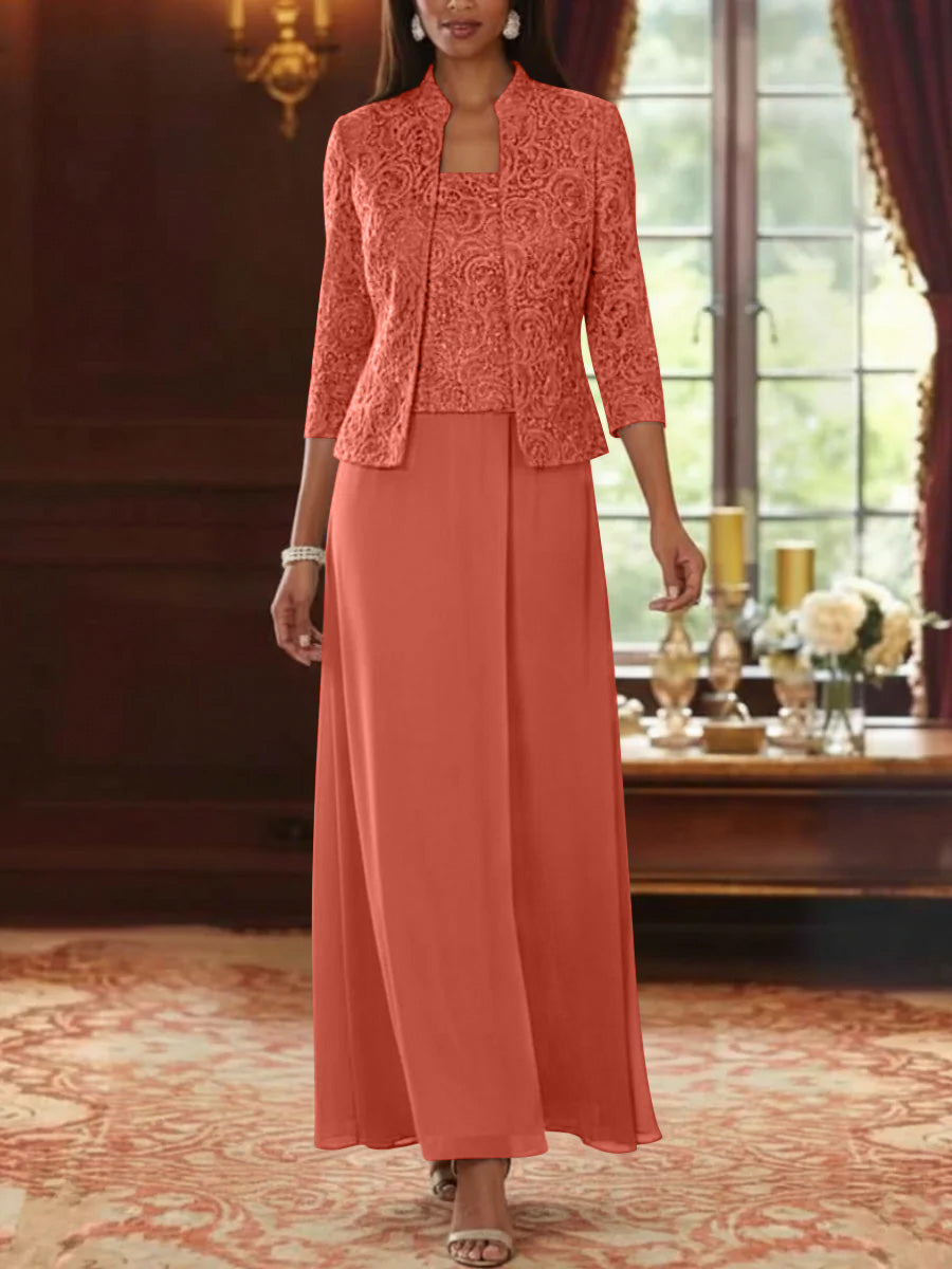 2 Pieces A-Line/Princess Square Collar Chiffon Mother of the Bride Dresses with Jacket Lace Ankle-Length 3/4 Sleeves