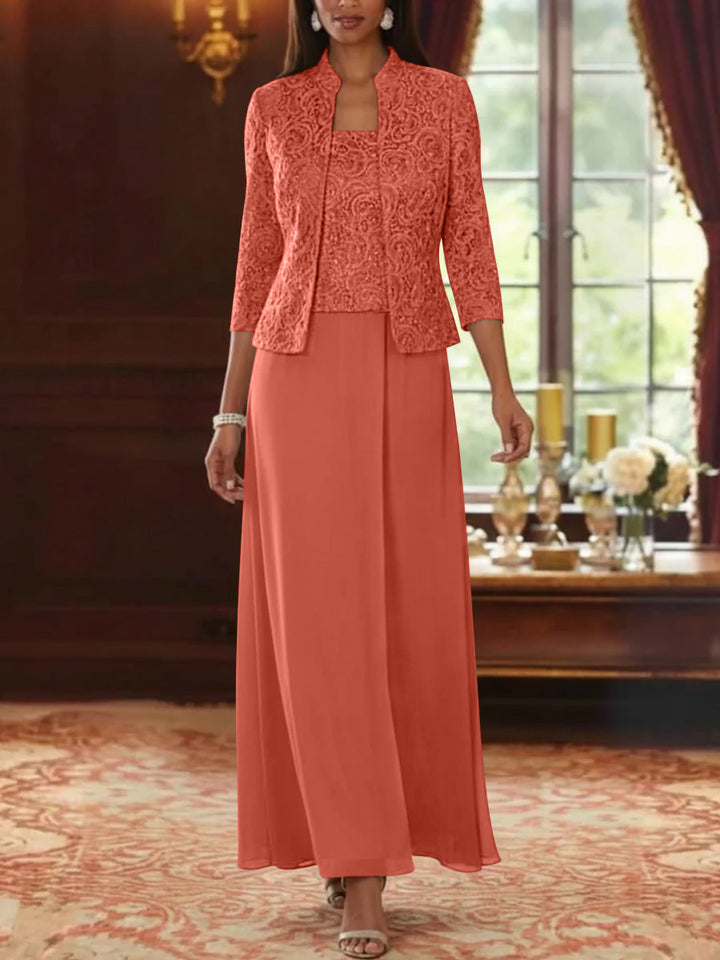 2 Pieces A-Line/Princess Square Collar Chiffon Mother of the Bride Dresses with Jacket Lace Ankle-Length 3/4 Sleeves