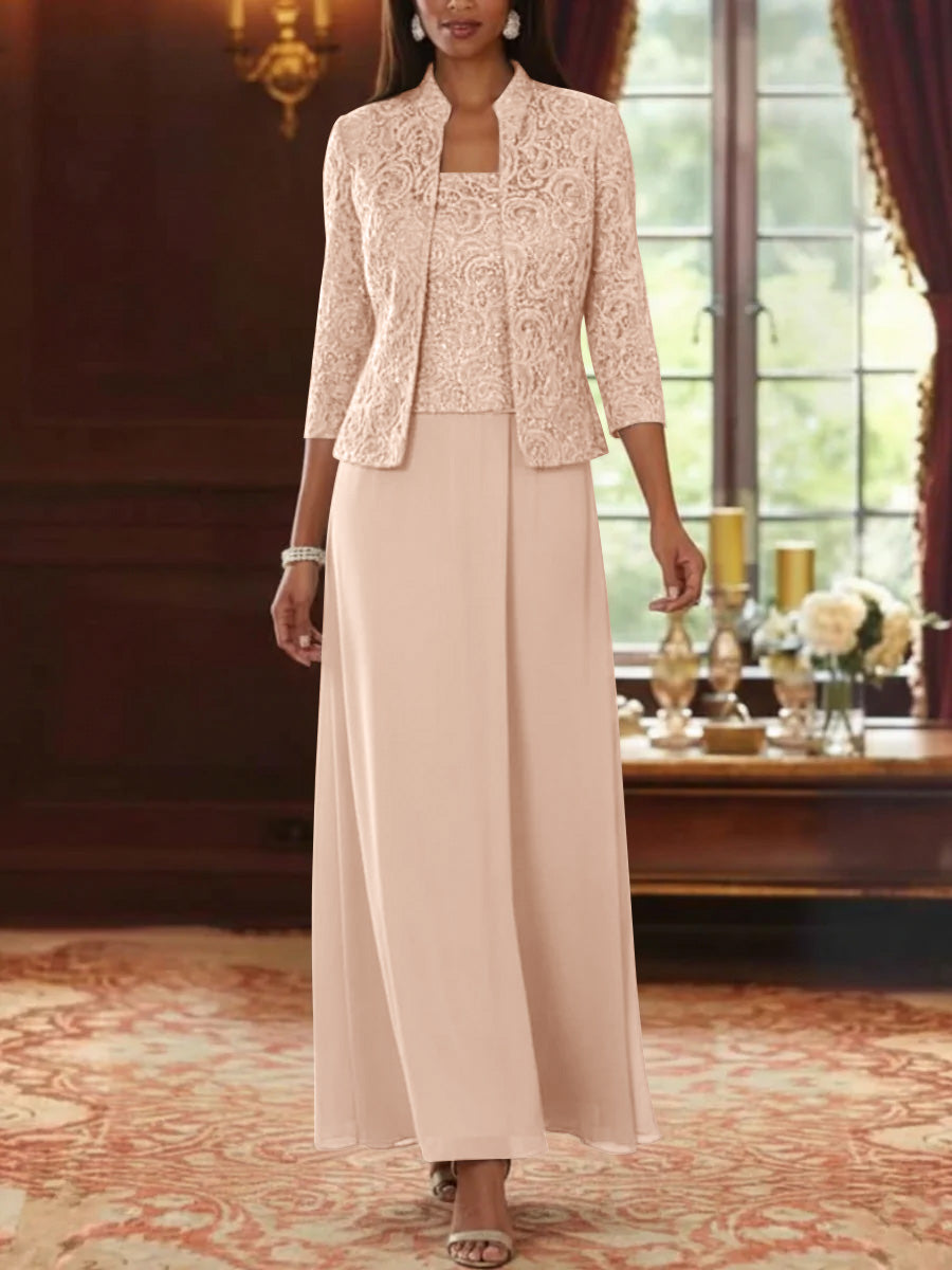 2 Pieces A-Line/Princess Square Collar Chiffon Mother of the Bride Dresses with Jacket Lace Ankle-Length 3/4 Sleeves