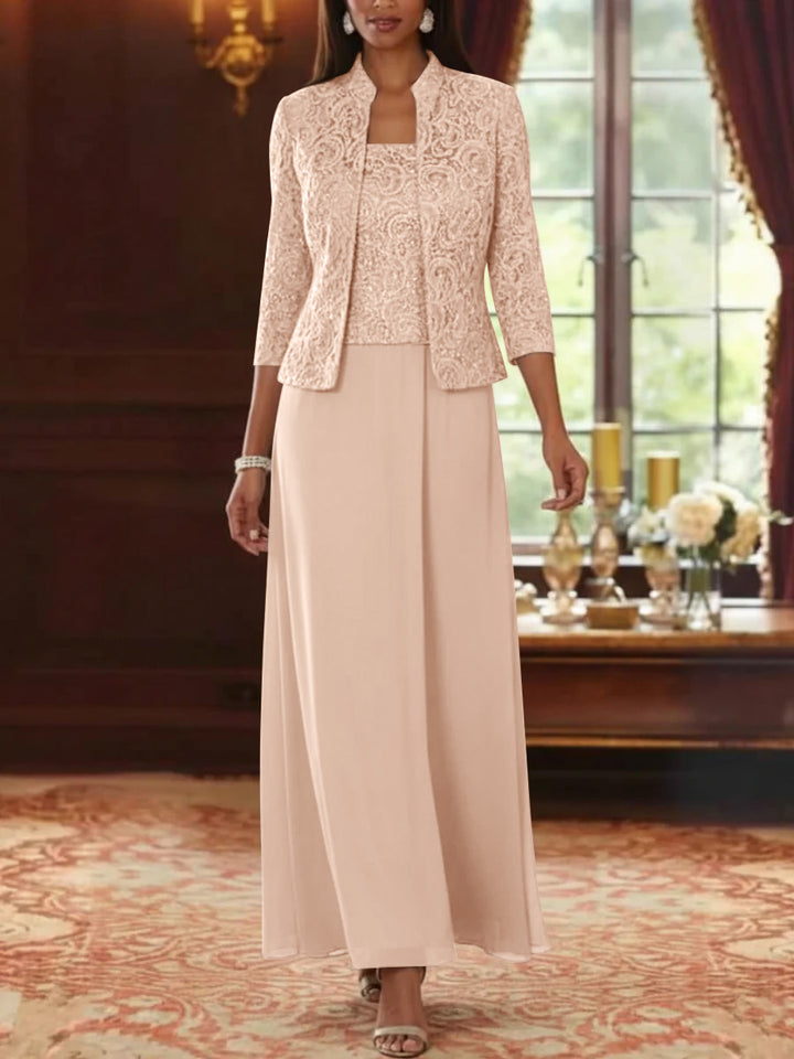 2 Pieces A-Line/Princess Square Collar Chiffon Mother of the Bride Dresses with Jacket Lace Ankle-Length 3/4 Sleeves