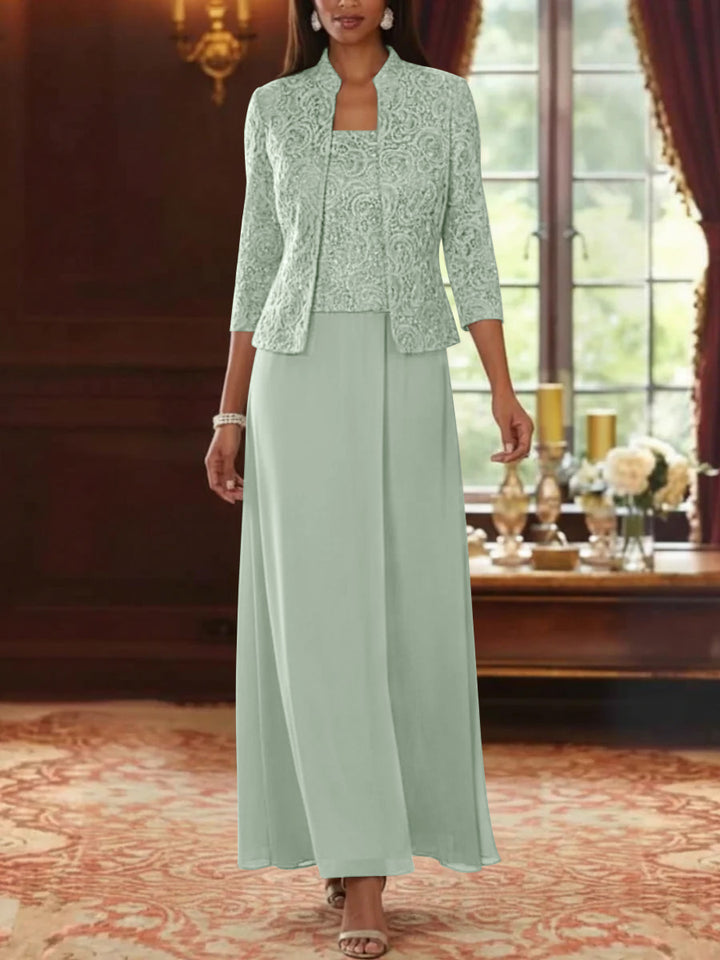2 Pieces A-Line/Princess Square Collar Chiffon Mother of the Bride Dresses with Jacket Lace Ankle-Length 3/4 Sleeves