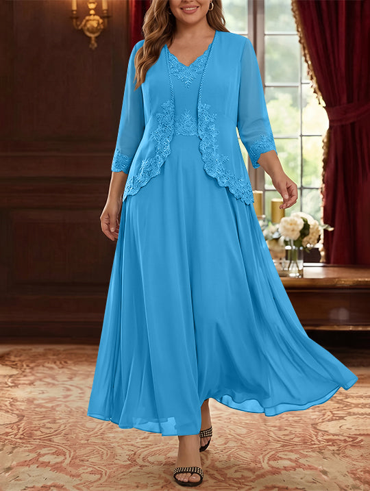2 Pieces A-Line/Princess V-Neck Chiffon Plus Size Mother of the Bride Dresses with Jacket Lace Ankle-Length 3/4 Sleeves