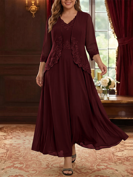 2 Pieces A-Line/Princess V-Neck Chiffon Plus Size Mother of the Bride Dresses with Jacket Lace Ankle-Length 3/4 Sleeves