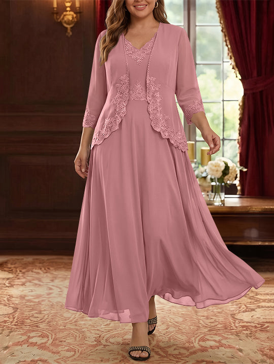 2 Pieces A-Line/Princess V-Neck Chiffon Plus Size Mother of the Bride Dresses with Jacket Lace Ankle-Length 3/4 Sleeves