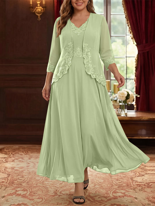 2 Pieces A-Line/Princess V-Neck Chiffon Plus Size Mother of the Bride Dresses with Jacket Lace Ankle-Length 3/4 Sleeves