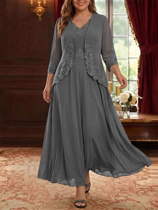 2 Pieces A-Line/Princess V-Neck Chiffon Plus Size Mother of the Bride Dresses with Jacket Lace Ankle-Length 3/4 Sleeves