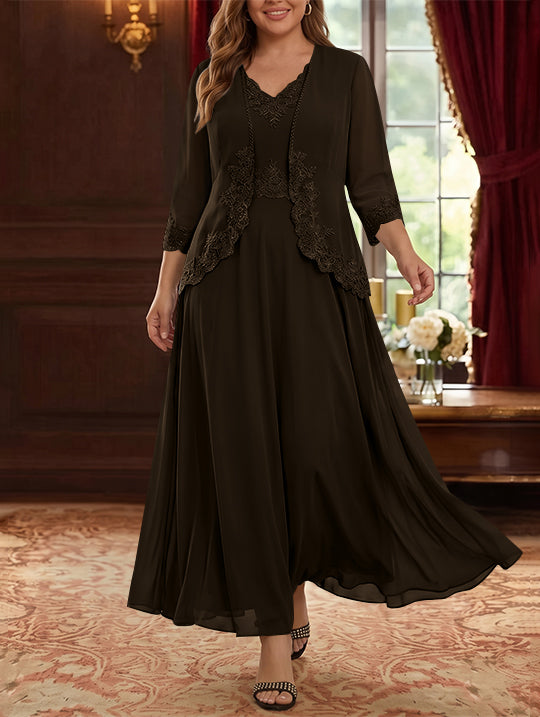 2 Pieces A-Line/Princess V-Neck Chiffon Plus Size Mother of the Bride Dresses with Jacket Lace Ankle-Length 3/4 Sleeves