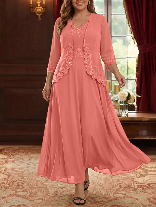 2 Pieces A-Line/Princess V-Neck Chiffon Plus Size Mother of the Bride Dresses with Jacket Lace Ankle-Length 3/4 Sleeves