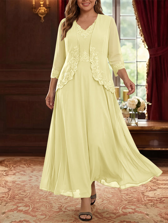2 Pieces A-Line/Princess V-Neck Chiffon Plus Size Mother of the Bride Dresses with Jacket Lace Ankle-Length 3/4 Sleeves