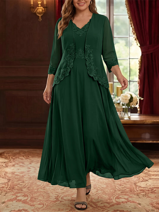 2 Pieces A-Line/Princess V-Neck Chiffon Plus Size Mother of the Bride Dresses with Jacket Lace Ankle-Length 3/4 Sleeves