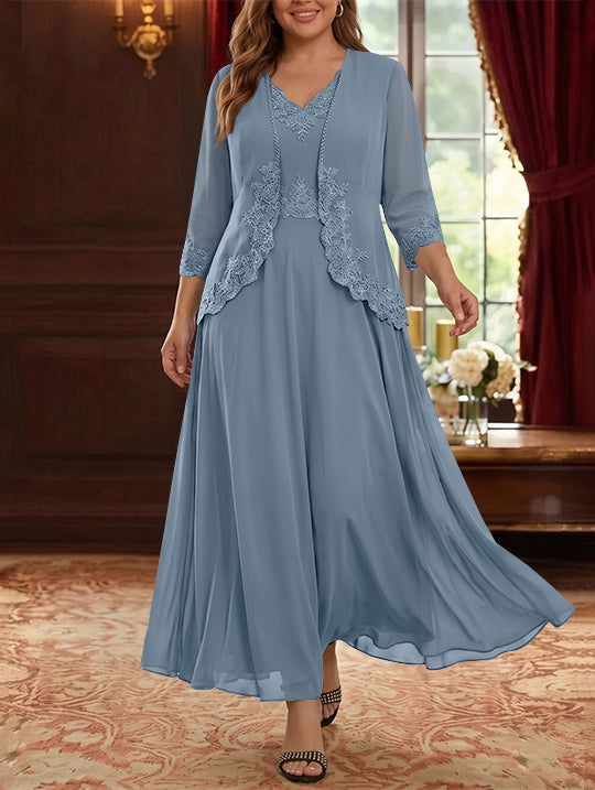 2 Pieces A-Line/Princess V-Neck Chiffon Plus Size Mother of the Bride Dresses with Jacket Lace Ankle-Length 3/4 Sleeves