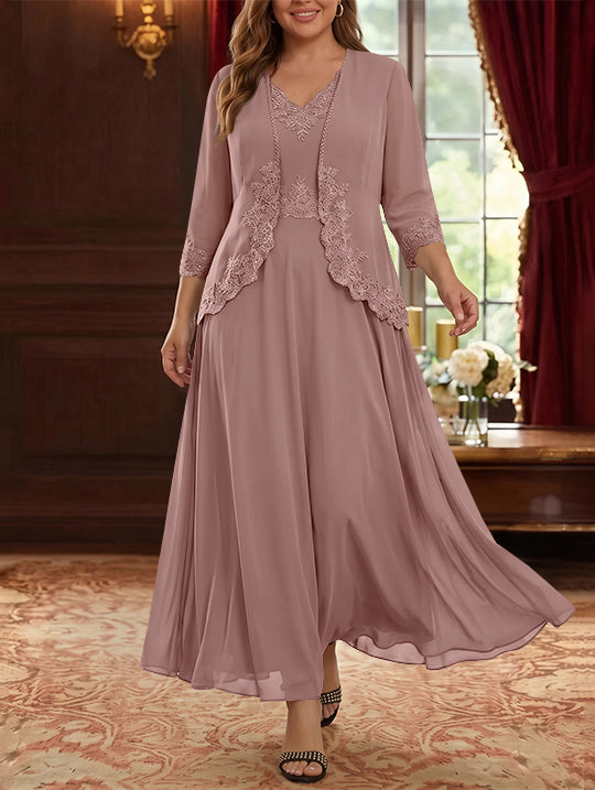 2 Pieces A-Line/Princess V-Neck Chiffon Plus Size Mother of the Bride Dresses with Jacket Lace Ankle-Length 3/4 Sleeves