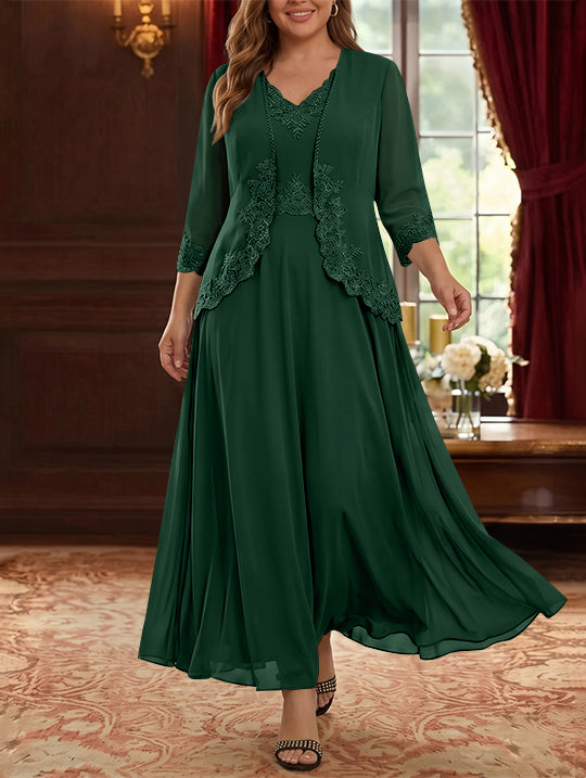 2 Pieces A-Line/Princess V-Neck Chiffon Plus Size Mother of the Bride Dresses with Jacket Lace Ankle-Length 3/4 Sleeves