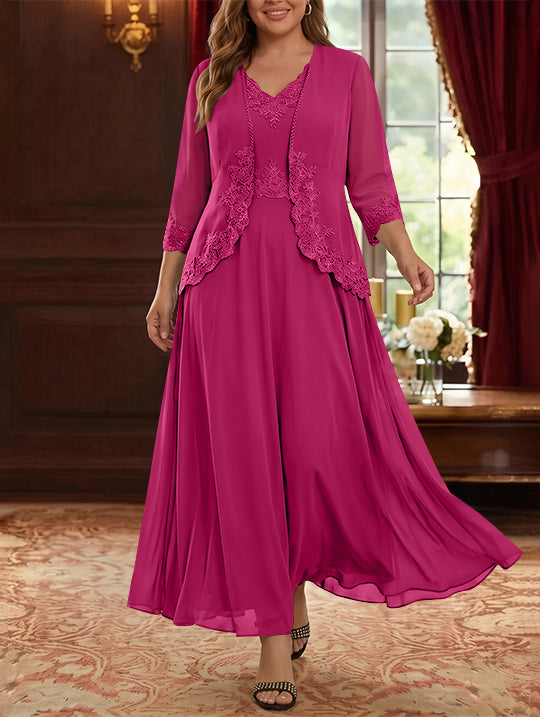 2 Pieces A-Line/Princess V-Neck Chiffon Plus Size Mother of the Bride Dresses with Jacket Lace Ankle-Length 3/4 Sleeves