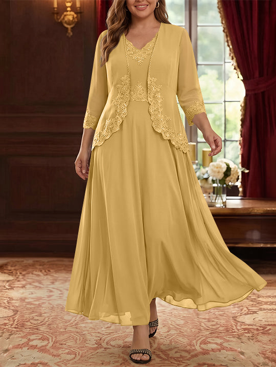 2 Pieces A-Line/Princess V-Neck Chiffon Plus Size Mother of the Bride Dresses with Jacket Lace Ankle-Length 3/4 Sleeves