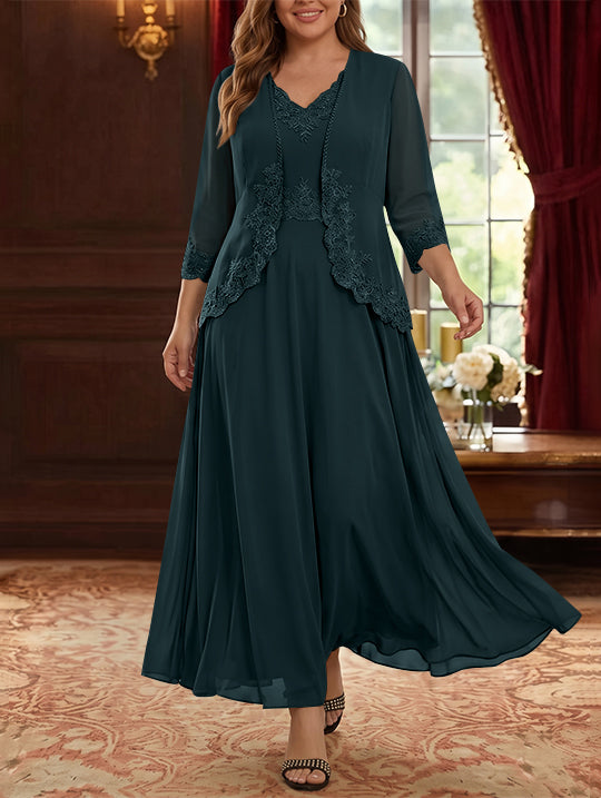 2 Pieces A-Line/Princess V-Neck Chiffon Plus Size Mother of the Bride Dresses with Jacket Lace Ankle-Length 3/4 Sleeves