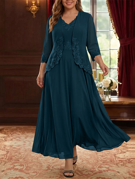 2 Pieces A-Line/Princess V-Neck Chiffon Plus Size Mother of the Bride Dresses with Jacket Lace Ankle-Length 3/4 Sleeves
