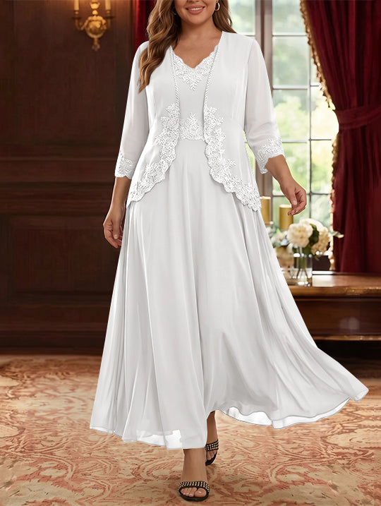 2 Pieces A-Line/Princess V-Neck Chiffon Plus Size Mother of the Bride Dresses with Jacket Lace Ankle-Length 3/4 Sleeves