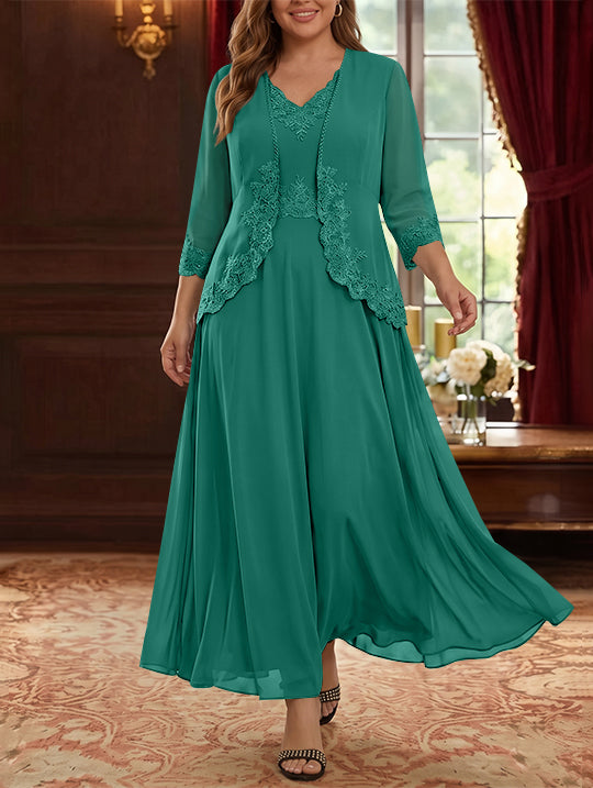 2 Pieces A-Line/Princess V-Neck Chiffon Plus Size Mother of the Bride Dresses with Jacket Lace Ankle-Length 3/4 Sleeves