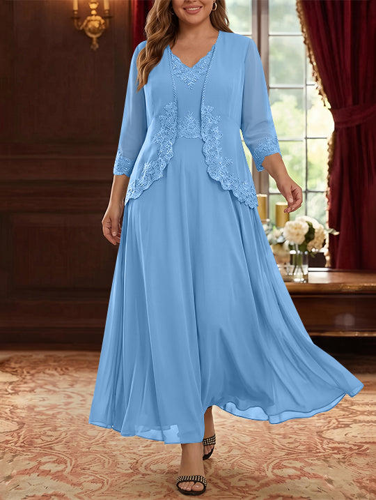 2 Pieces A-Line/Princess V-Neck Chiffon Plus Size Mother of the Bride Dresses with Jacket Lace Ankle-Length 3/4 Sleeves