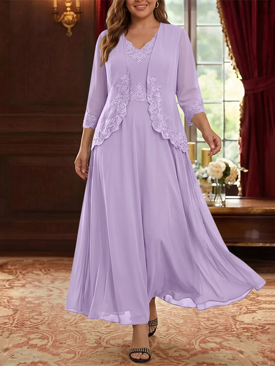 2 Pieces A-Line/Princess V-Neck Chiffon Plus Size Mother of the Bride Dresses with Jacket Lace Ankle-Length 3/4 Sleeves