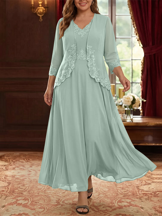 2 Pieces A-Line/Princess V-Neck Chiffon Plus Size Mother of the Bride Dresses with Jacket Lace Ankle-Length 3/4 Sleeves