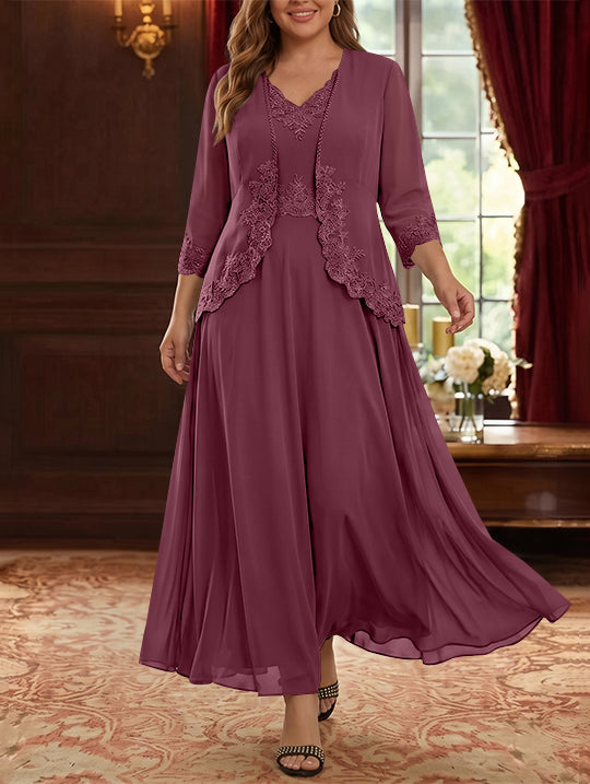 2 Pieces A-Line/Princess V-Neck Chiffon Plus Size Mother of the Bride Dresses with Jacket Lace Ankle-Length 3/4 Sleeves