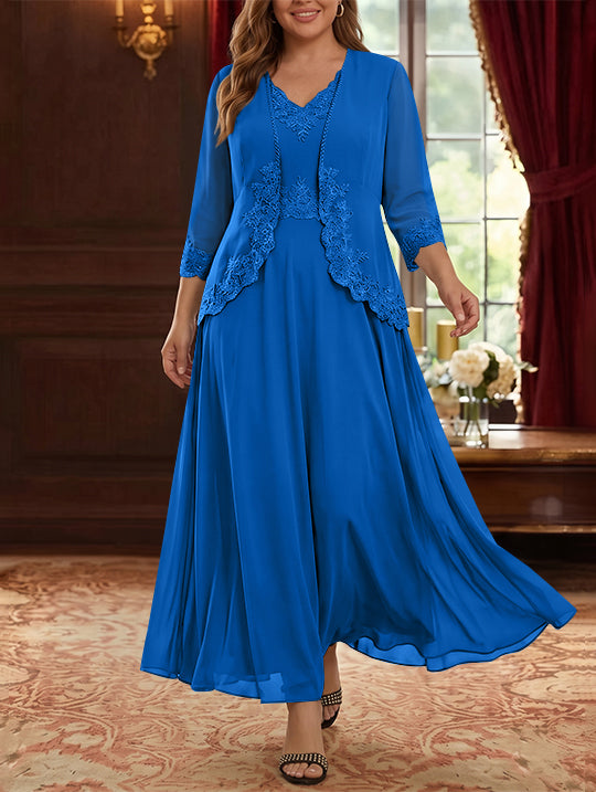 2 Pieces A-Line/Princess V-Neck Chiffon Plus Size Mother of the Bride Dresses with Jacket Lace Ankle-Length 3/4 Sleeves