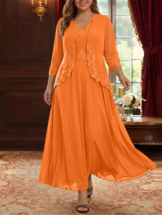 2 Pieces A-Line/Princess V-Neck Chiffon Plus Size Mother of the Bride Dresses with Jacket Lace Ankle-Length 3/4 Sleeves