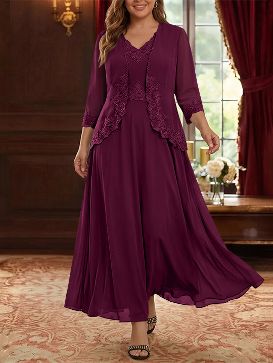 2 Pieces A-Line/Princess V-Neck Chiffon Plus Size Mother of the Bride Dresses with Jacket Lace Ankle-Length 3/4 Sleeves