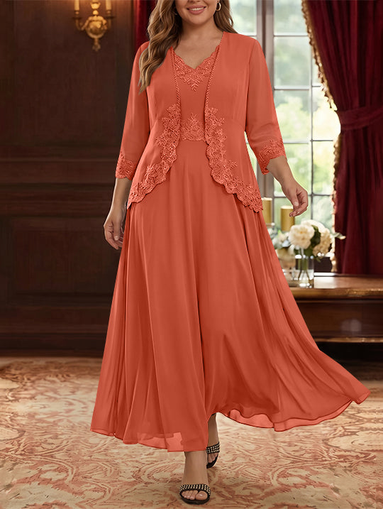 2 Pieces A-Line/Princess V-Neck Chiffon Plus Size Mother of the Bride Dresses with Jacket Lace Ankle-Length 3/4 Sleeves