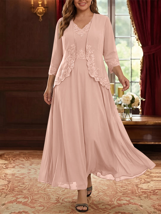 2 Pieces A-Line/Princess V-Neck Chiffon Plus Size Mother of the Bride Dresses with Jacket Lace Ankle-Length 3/4 Sleeves