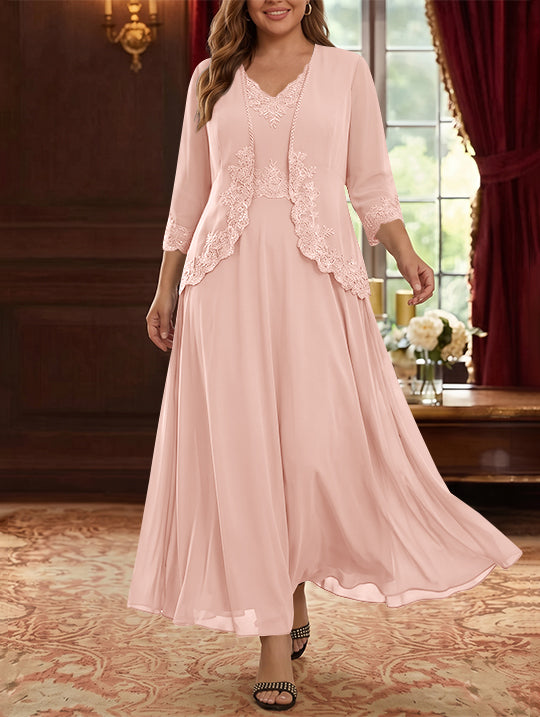 2 Pieces A-Line/Princess V-Neck Chiffon Plus Size Mother of the Bride Dresses with Jacket Lace Ankle-Length 3/4 Sleeves
