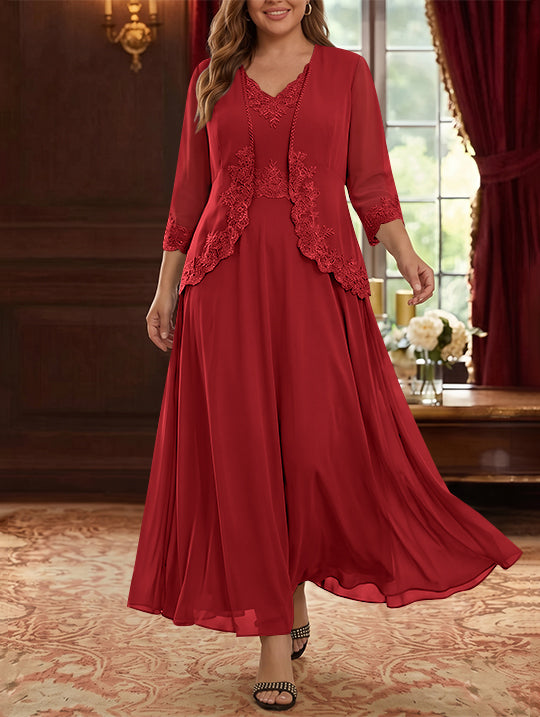 2 Pieces A-Line/Princess V-Neck Chiffon Plus Size Mother of the Bride Dresses with Jacket Lace Ankle-Length 3/4 Sleeves