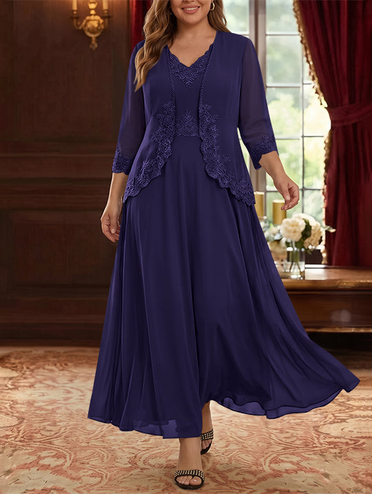 2 Pieces A-Line/Princess V-Neck Chiffon Plus Size Mother of the Bride Dresses with Jacket Lace Ankle-Length 3/4 Sleeves