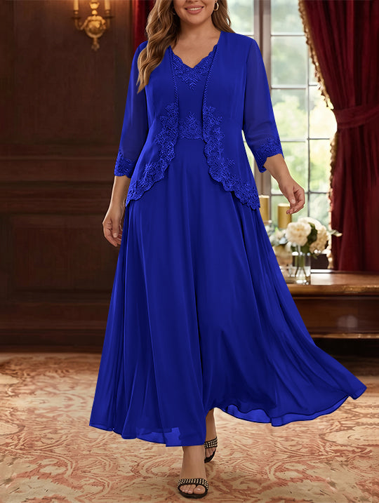 2 Pieces A-Line/Princess V-Neck Chiffon Plus Size Mother of the Bride Dresses with Jacket Lace Ankle-Length 3/4 Sleeves
