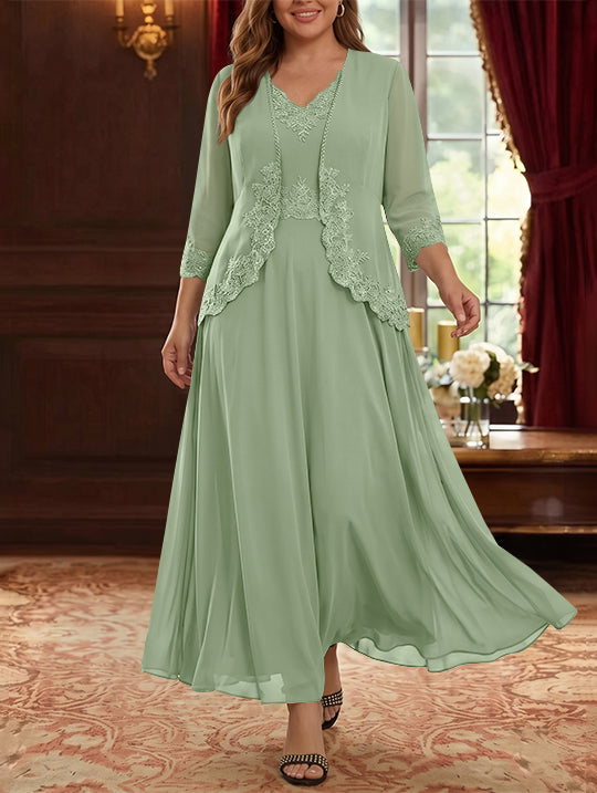 2 Pieces A-Line/Princess V-Neck Chiffon Plus Size Mother of the Bride Dresses with Jacket Lace Ankle-Length 3/4 Sleeves