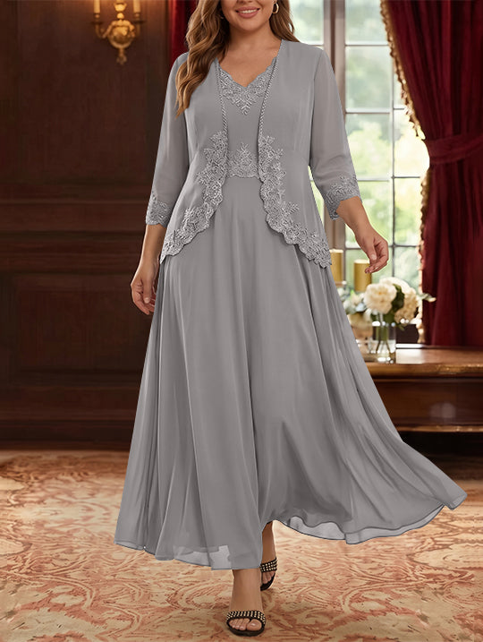 2 Pieces A-Line/Princess V-Neck Chiffon Plus Size Mother of the Bride Dresses with Jacket Lace Ankle-Length 3/4 Sleeves
