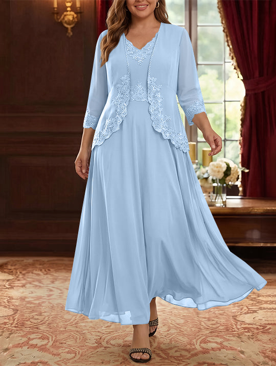 2 Pieces A-Line/Princess V-Neck Chiffon Plus Size Mother of the Bride Dresses with Jacket Lace Ankle-Length 3/4 Sleeves